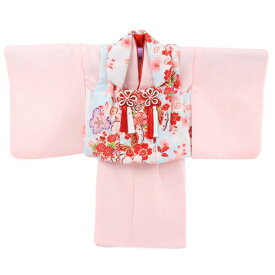 【レンタル】 祝着 1歳 女の子 着物 二部式着物 被布セット「ピンク無地着物に水色被布（桜と蝶）」ひな祭り 衣装 初節句
