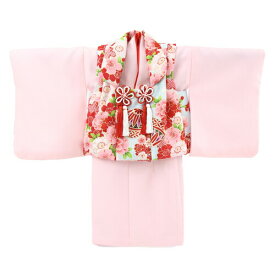 【レンタル】 祝着 1歳 女の子 着物レンタル 二部式着物 被布セット ピンク無地着物に水色被布（桜と鞠）ひな祭り 衣装 初節句