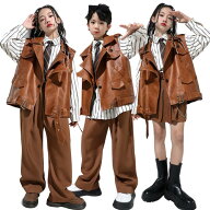 子供服 ダンス 衣装 キッズ セットアップ 茶色 ヒップホップ フェイクレザー ダンス衣装 ジャケット パン…
