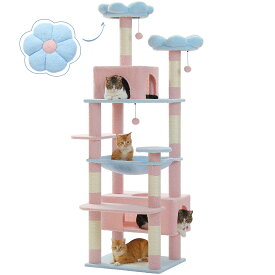 【予約販売・1/22以降発送】キャットタワー 猫タワー 大型猫用 夏 多頭飼い 丈夫 ハンモック 据え置き スリム ねこ ネコ 麻紐 爪とぎポール 猫のおもちゃ ポンポン 転倒防止ベルト付き 展望台 猫ベッド 運動不足解消 高さ180cm