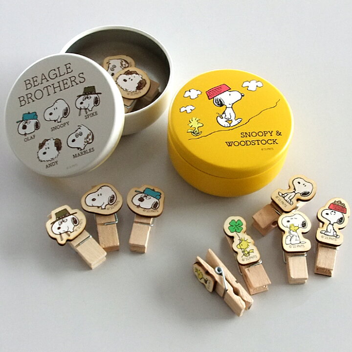 楽天市場 日本製 Snウッドピンチセット缶ケース付き 2種類 スヌーピー Snoopy ピーナッツ ウッドストック オラフ スパイク アンディ マーブル 木製 クリップ Woo Foo