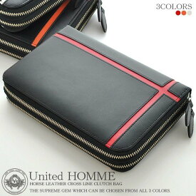 【unitedHOMME】馬革クロスラインデザインダブルラウンドファスナー クラッチバッグ■UH-1766■3色展開 送料無料