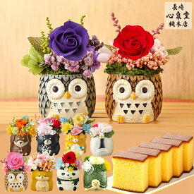 花とスイーツ ギフト [ 花 プリザーブドフラワー プレゼント お菓子 ギフト 食べ物 スイーツ プリザ カステラ 和菓子 ふくろう ねこ 犬 鶴 亀 パンダ 誕生日 記念日 贈り物 長崎心泉堂 ランキング ] 選べる 動物プリザ スイーツ セット TO53