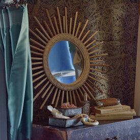 ラタン ラウンド ミラー 太陽 ミラー 籐 鏡 壁掛け ドレッサー 円形 丸形 モダン アジアン 家具 自然素材