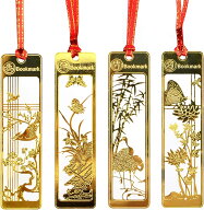 四君子 しおり 4枚セット （蘭、竹、菊、梅） ブックマーク 金属 紐 伝統 古風 唐 中国 ステンレス 金 ゴ…