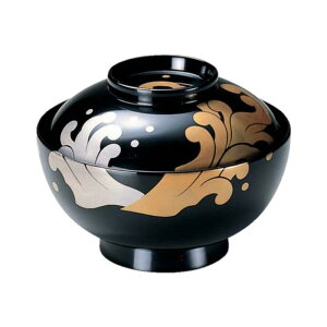 越前漆器 木質 手塗り 漆 手描き 蒔絵 高雄 煮物椀 黒 松 唐草 黒 金 銀 波 内 黒 流れ 帯 春秋 扇 面 見返し付 内 朱 漆塗 13.9cm 10.6cm 漆器 漆 塗り 塗 越前塗 椀 お椀 器 日本製 国産 おしゃれ こ