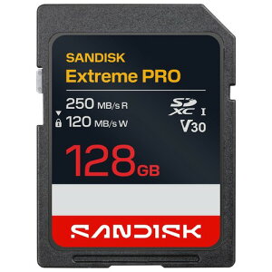 SanDisk 128GB Extreme PRO SD UHS-I�J�[�h�A�ő�250MB/�b�̓ǂݎ���120MB/�b�̏������݁B4K UHD�A�t��HD�AU3�AV30�ASDSDXXJ-128G-GSCIN�B