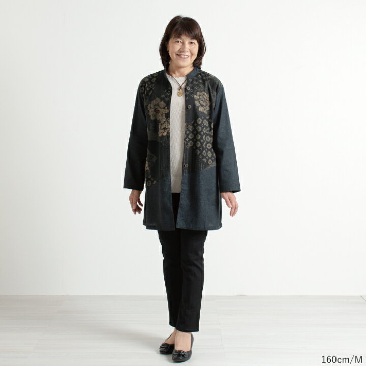 楽天市場】【日本製】和柄 木綿 つむぎ調 紬調 牡丹柄ロングジャケット 