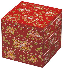 【マラソン本日 P5倍＋まとめ割5～15％OFFクーポン】山中漆器 桜づくし 5.0三段重 朱（正月 弁当 ボックス 高級 工芸品 石川県 外国人 海外出張 土産 日本製 ギフト 海外発送可 プレゼント 和雑貨 お祝 記念 誕生日 重箱 引き出物 景品）