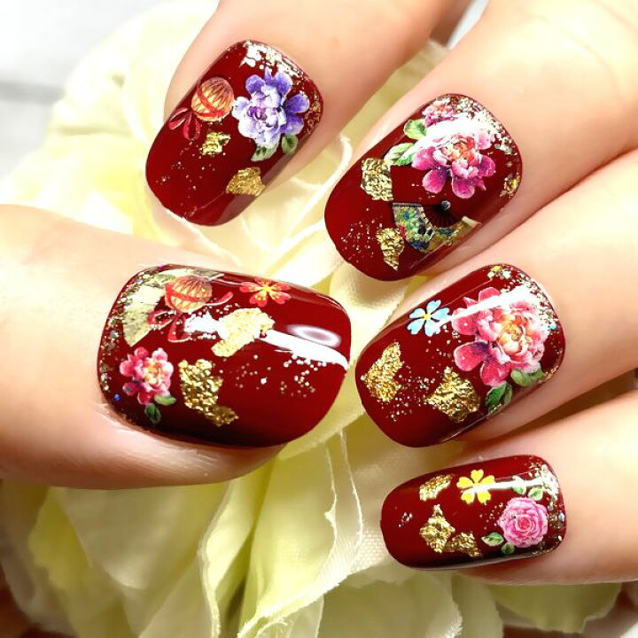 楽天市場】☆和柄/ジャパニーズフラワーネイル☆ボルドーレッド  