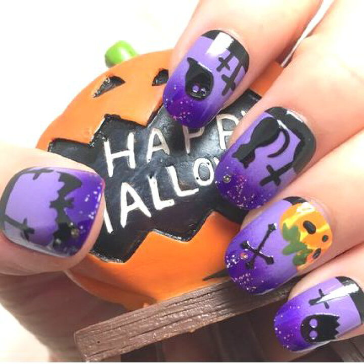 楽天市場】☆ハロウィンネイル☆パープルエアグラデエアー黒猫 お化け 