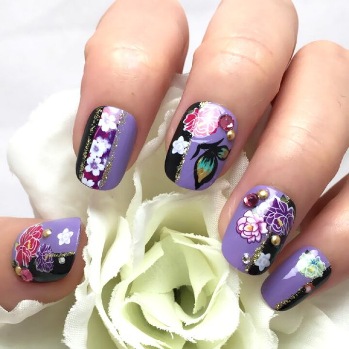 楽天市場】☆和柄/和風フラワーネイル☆パープル ブラック ストライプ 