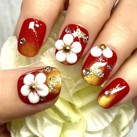 ☆和柄/3Dお花ネイル☆艶やかレッド ゴールド エアー エアグラデ ぷっくり 立体 お花 金箔 ビジュー シャイニー 着物成人式前撮り和装和風ブライダルお色直し 繰り返し使える 貼るだけ簡単 ネイリスト作成 ハンドメイド ネイルチップつけ爪付け爪 美フォルム美爪