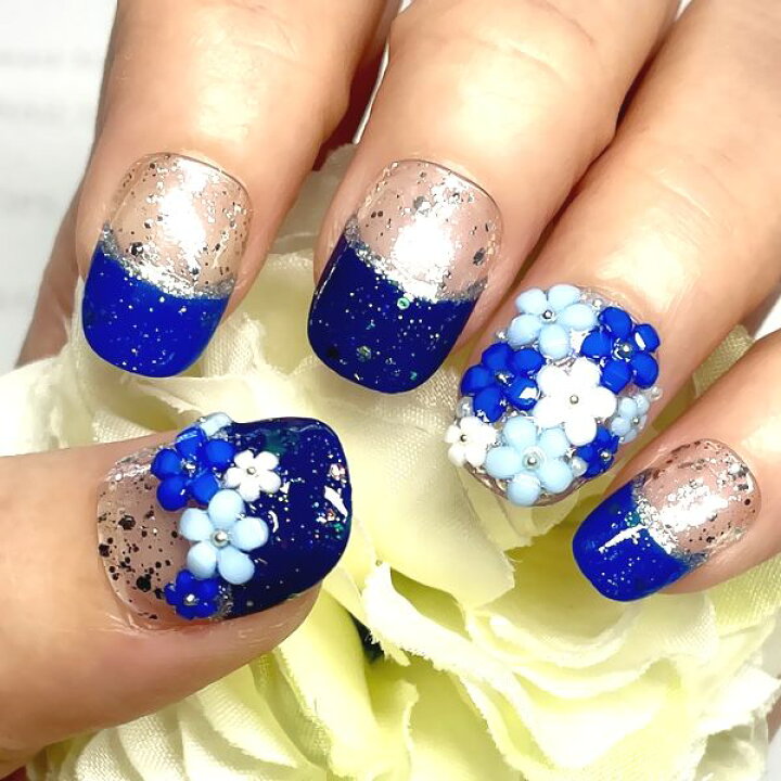 楽天市場】☆ブルーフラワーネイル☆青フレンチバイカラー お花 3D 