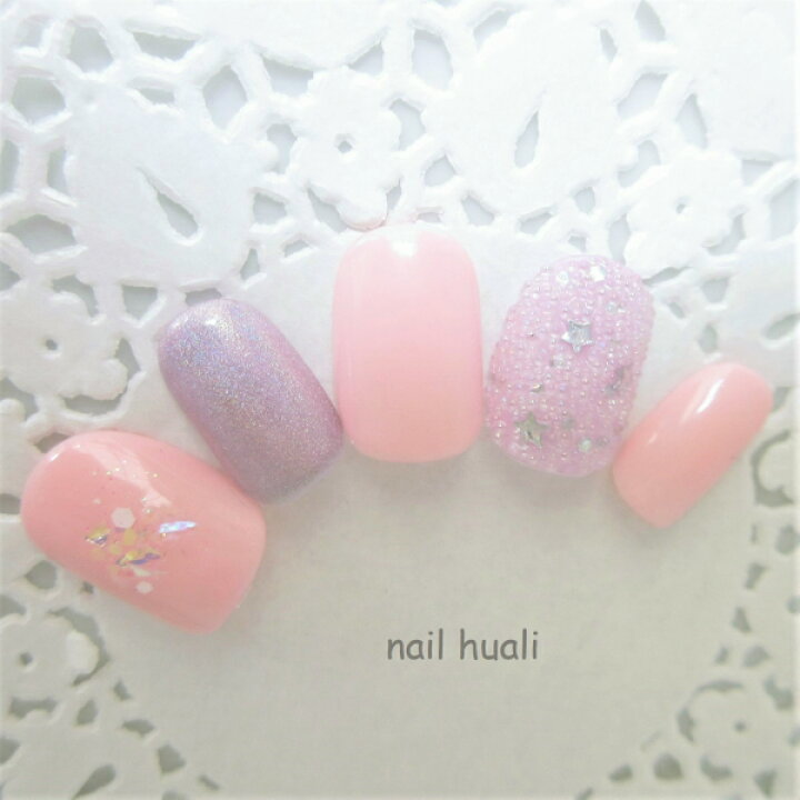 楽天市場 送料無料 ネイルチップ ユニコーンネイル 星 スター クリアブリオン ピンク S M サイズオーダー Nail Huali