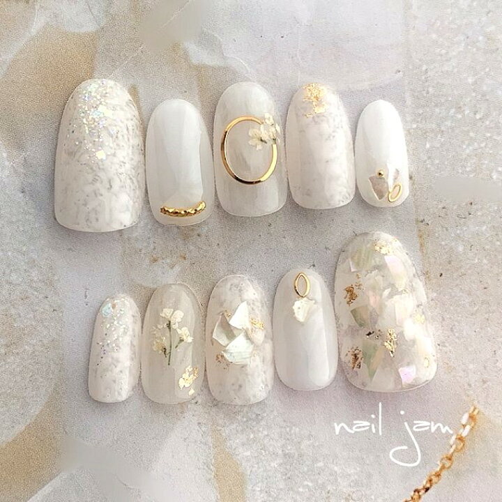 楽天市場】【No.JO003】シェルと押し花のホワイトネイル オーダー  