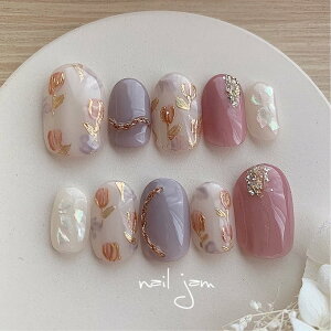 オーダーネイルチップ 小春色ミラーチューリップ  〜ネイルチップ オーダーチップ サイズ選択 ブライダル 成人式  No.JO015