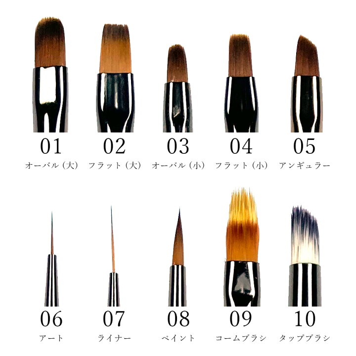 耐薬品性、耐熱性に優れた毛質【ネイルブラシ 筆 10種 キャップ付き】 ジェルの塗布や繊細なアートの制作に / ジェルネイル ネイル ジェル ネイル用品 アート用品 ネイルチップ専門店 ネイルマップ 耐熱性や耐薬品性に優れた毛質 オーバル1本 筆