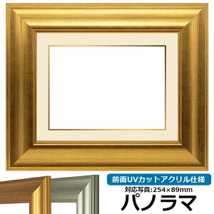写真用額縁 8120/ゴールド パノラマ(254×89mm)専用 前面UVカットアクリル仕様 マット付き (金色細縁付き)