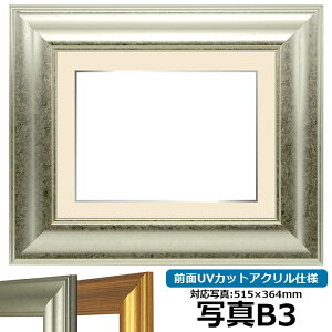 写真用額縁 8120/シルバー B3(515×364mm)専用 前面UVカットアクリル仕様 マット付き (銀色細縁付き)