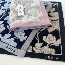 フルラ【FURLA】女性人気ブランド・大人綺麗　落ち着いた植物柄　タオルハンカチ　大き目　フルラ・大人柄　(27×27センチ)　ネイビー・ブラック・グレー　少し厚みのある生地