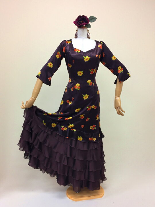 楽天市場】茶色花柄ワンピース(茶ペチコート付き) フラメンコ衣装  