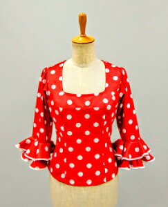 フラメンコ衣装 ブラウス 赤に白水玉 1点もの水玉ブラウス Lサイズ スッキリデザイン明るく可愛いブラウス ピッタリサイズ 踊りやすい ダンス衣装 ステージ衣装 舞台衣装 おしゃれ 高級