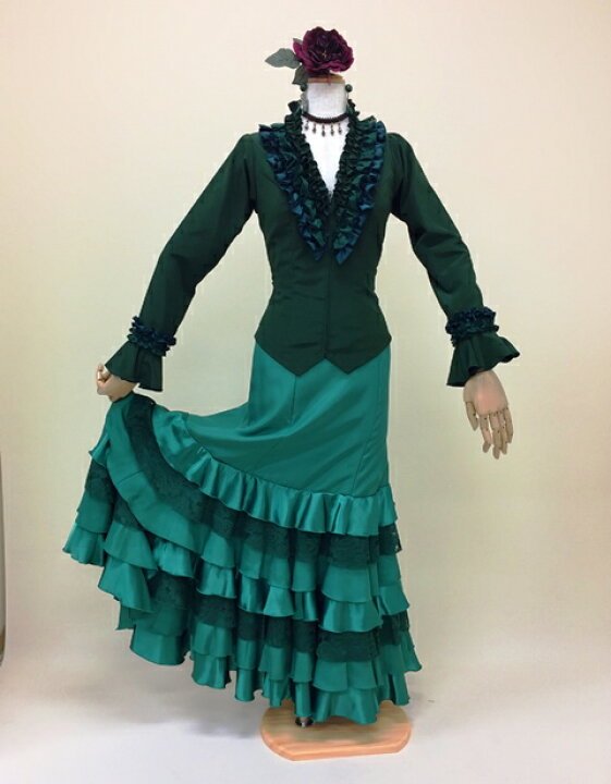 楽天市場】フラメンコ衣装スカート ファルダ 緑 フリル サテン レース  