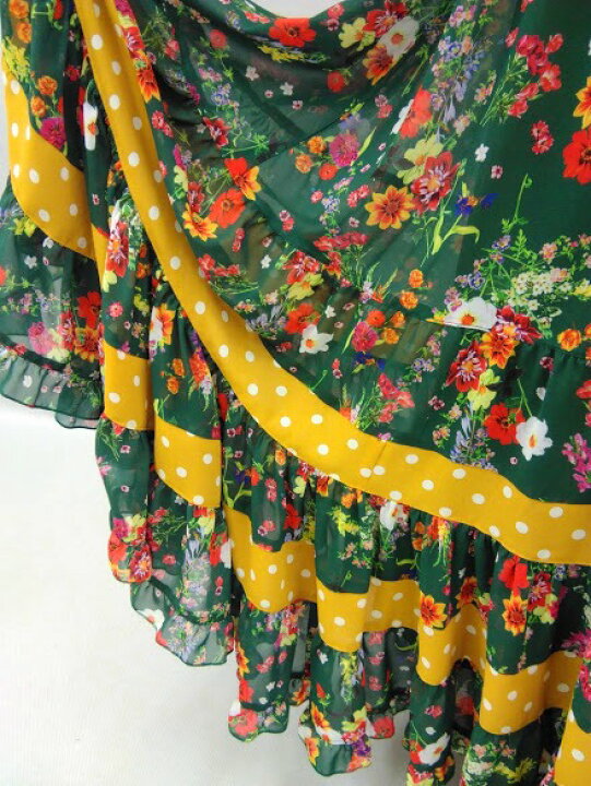 フラメンコドレス ツーピース 黄緑 ピンク もてなし 花柄 衣装 華やか 
