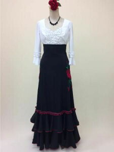 フラメンコ衣装 ハイウエスト スカート ファルダ 刺繍 バラ 花柄 黒 ブラック 踊りやすい 一点もの 舞台衣装 ステージ衣装 発表会 フラメンコ衣裳 高級感 ナジャハウス