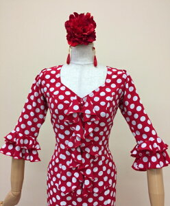 フラメンコ衣装 ブラウス 赤に白水玉 1点もの水玉ブラウス Lサイズ明るく可愛いブラウス ピッタリサイズ 踊りやすい ダンス衣装 ステージ衣装 舞台衣装 おしゃれ 高級感 ナジャハウス