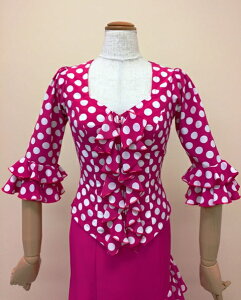 フラメンコ衣装 ブラウス ピンク白水玉 1点もの水玉ブラウス Mサイズ明るく可愛いブラウス ピッタリサイズ 踊りやすい ダンス衣装 ステージ衣装 舞台衣装 おしゃれ 高級感 ナジャハウス