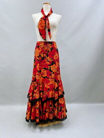 【中古】フラメンコ衣装 ダンス衣装オレンジ花柄スクエアボランテスカート Mサイズ　個性的であでやかなスカート お買い得 格安フラメンコ衣装 明るい踊り、暗い踊りにも対応軽くて踊りやすい　ナジャハウス 日本製