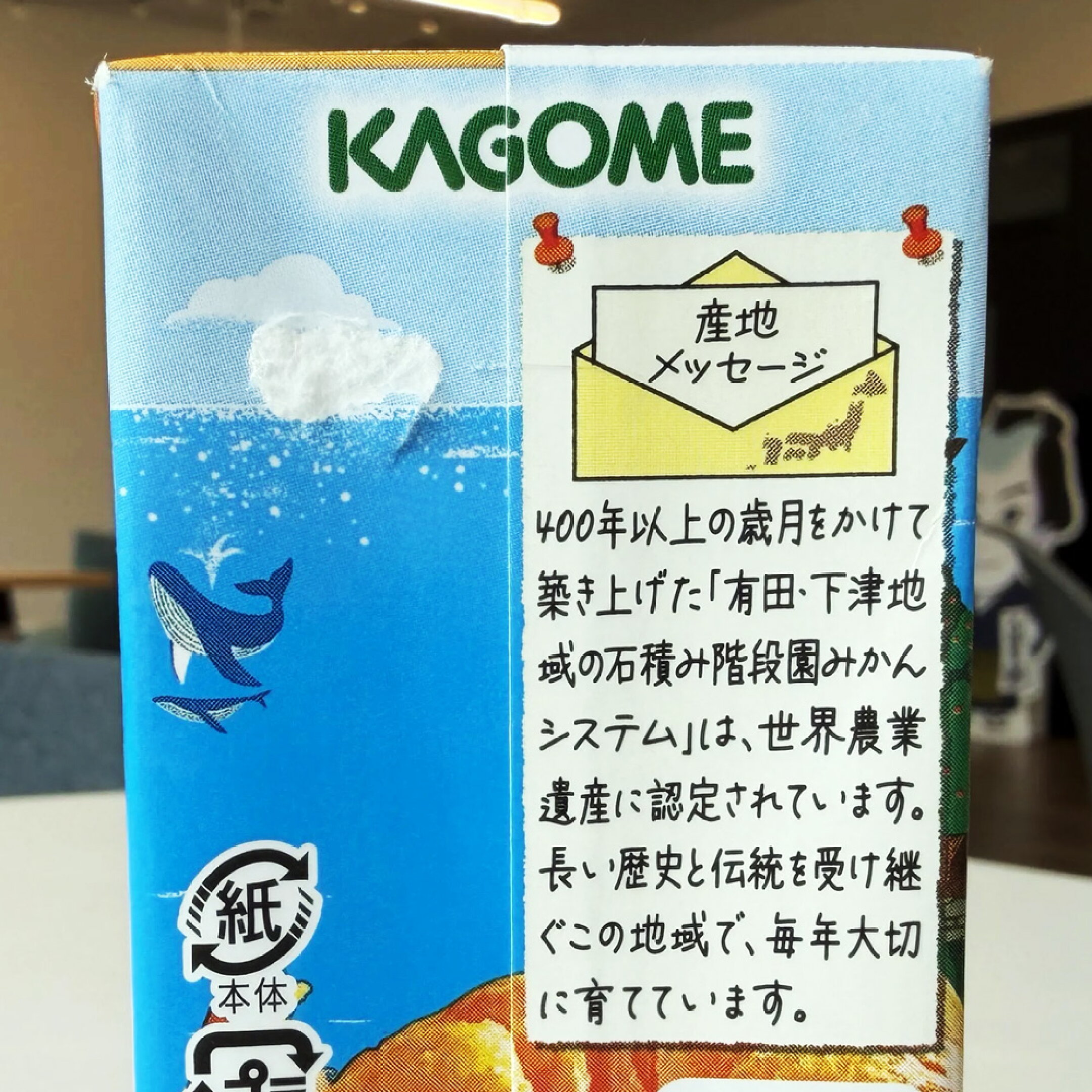 有田みかんの産地メッセージと世界農業遺産のロゴが書かれたパッケージ裏面