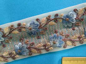 インド刺繍リボン（5cm幅 1m）薄アズキ×渋ブルー
