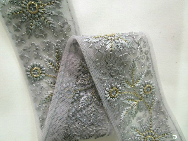 楽天市場】インド刺繍リボン（4.1cm幅 1m）グレー×金 : 手芸ナカムラ