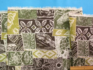 綿ローンプリント生地海の生物/植物・コゲ茶×モスグリン(105cm幅 2m)