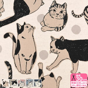 Big猫(綿麻キャンバス)猫 猫柄 ネコ ネコ柄 ねこ柄 にゃんこ ハチワレ ぶち猫 茶トラ 水玉模様 水玉 くすみカラー ナチュラルカラー プリント生地 綿麻キャンバス生地 【生地・布】KTS7110