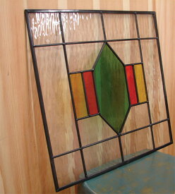 【安心サポート付】アンティーク　ステンドグラス（グリーン）窓格子　ウォールデコ　フィクス窓　室内窓