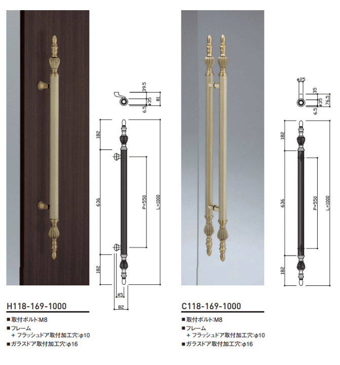 楽天市場】ブラスゴールドハンドル 取手（両面用）L1000 ロングサイズ