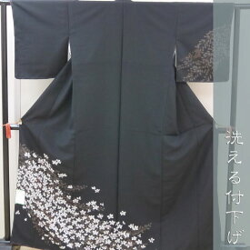 【ネット限定価格】洗える着物　付下げ　Mサイズ　日本製 袷(10月〜5月)　 黒　白花061-824