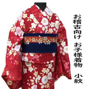 ジュニア洗える着物 単衣小紋《赤/花尽くし柄小紋》150cm /135cm 向けオリジナル商品 日本舞踊 お稽古 お遊戯 雛祭り 街歩き揚げ加工は1週間程度