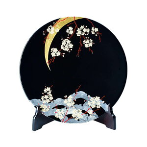 黒 10.0 飾り皿(皿立て付) 雪月花(漆・手塗・手描) 天然木製 インテリア 会津漆器【21-15-3】