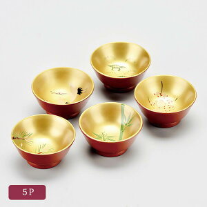 金地 1.8 小盃 5P 鶴亀松竹梅(手描) 5客 セット 酒器 天然木製 漆+ウレタン 合成塗料 誕生日 米寿祝 正月 ギフト 【21-73-11】