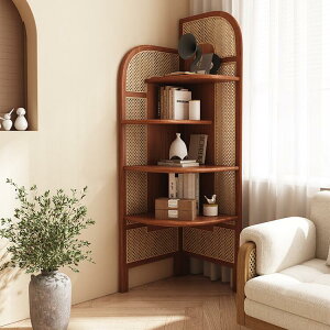 コーナーラック 木製 ラタン調 スリム 天然木 オープンシェルフ 4段 アッシュ材 ラック 木製 ディスプレイラック ウッドラック 収納 棚 整理 小物収納 飾り棚 食器棚 リビング収納 キッチン