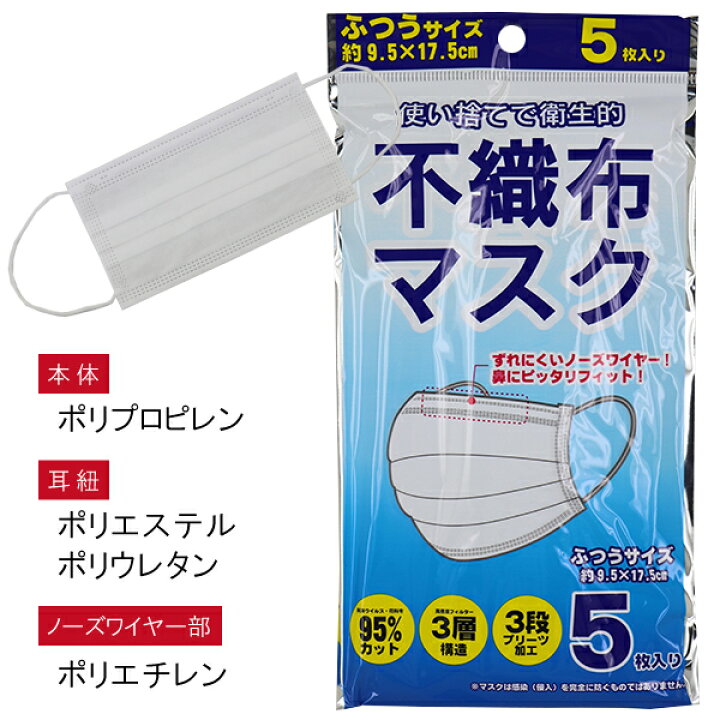 楽天市場 不織布マスク 5枚入り 使い捨てマスク ふつうサイズ 約9 5 17 5cm 送料無料 税込1000円のお買上げが条件 入園 入学 通園 通学 子供服 なかよし