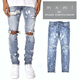 【割引クーポン配布中】 mnml (ミニマル) デニム M1 Splash Stretch Denim M1デニム ジーンズ デニムパンツ ストレッチ ダメージ加工 スリム スキニー 裾ジップ メンズ 【あす楽対応】【RCP】