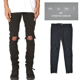 【割引クーポン配布中】 mnml (ミニマル) デニム M1 Stretch Denim Black M1デニム ジーンズ デニムパンツ ストレッチ ダメージ加工 スリム テーパード スキニー 裾ジップ メンズ 【あす楽対応】【RCP】