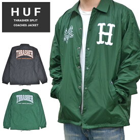 【割引クーポン配布中】 HUF × THRASHER (ハフ × スラッシャー) ジャケット SPLIT COACHES JACKET ナイロンジャケット コーチジャケット アウター ブルゾン メンズ M-XL ブラック グリーン JK00385 【あす楽対応】【RCP】