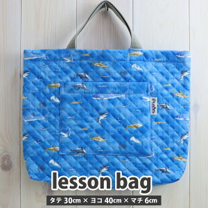 ◆サイズ変更対応商品◆ レッスンバッグ 【サメ君 水色】30cm×40cm キルティング マチ付き Dカン キルト ポケット 小学校 幼稚園 保育園 入園 入学 準備 女の子男の子 手提げ袋 手提げかばん